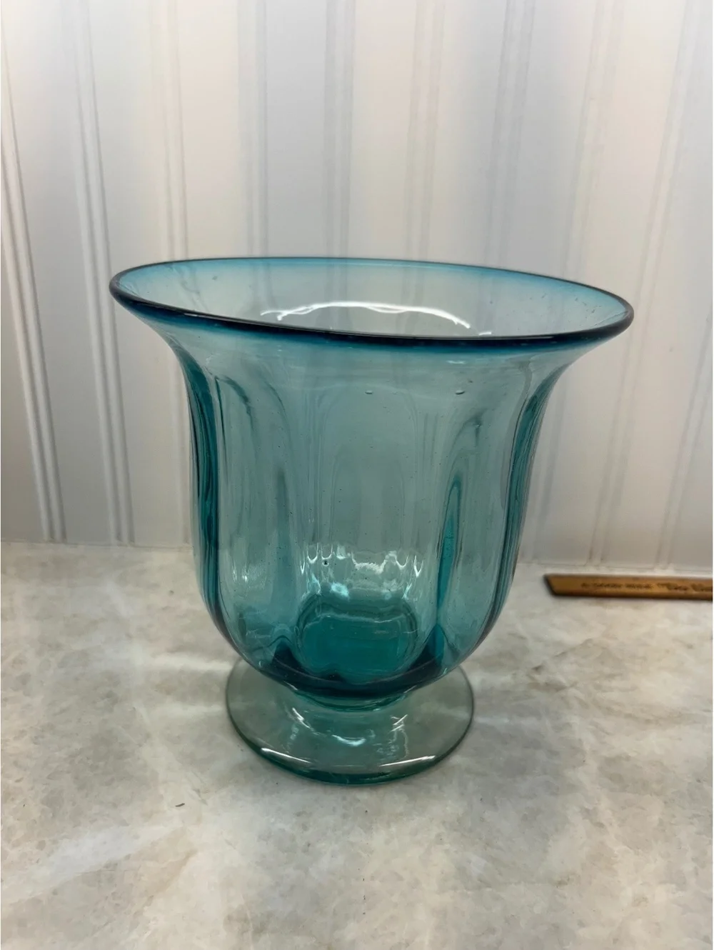 Stunning Vintage Teal Blue Art Glass Pedestal Vase / Hurricane Candle Holder